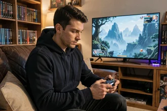 Joueur immergé dans un RPG fantastique sur console dans un salon cosy, illustrant la durée de vie d'un jeu vidéo