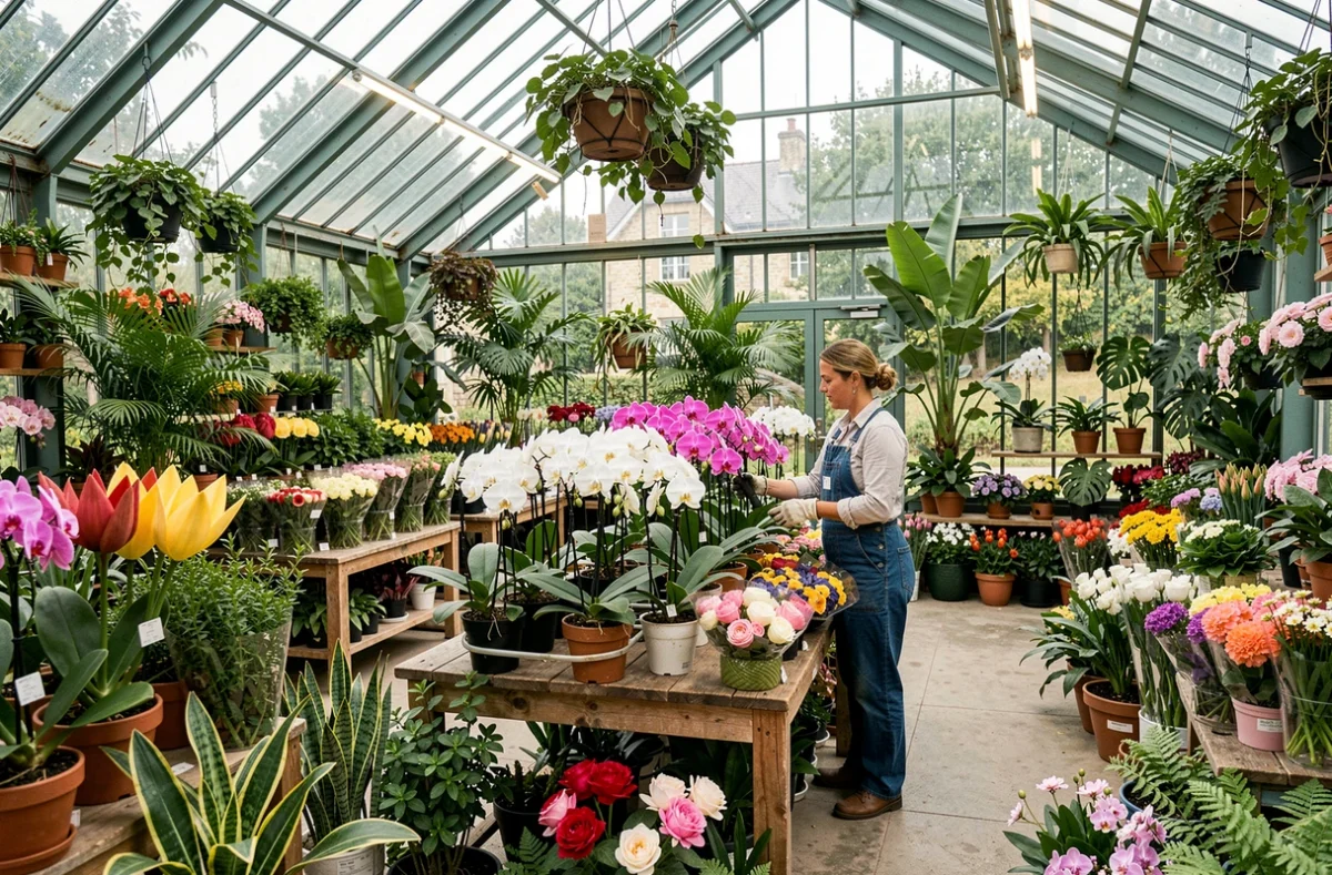 La Serre Avranches, une boutique fleuriste dans un espace de style serre avec plantes et fleurs tropicales