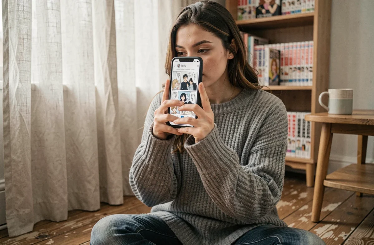 Jeune femme lisant le manga Les Carnets de l'Apothicaire en scan VF sur smartphone dans un coin lecture cosy