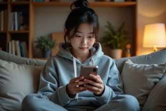 Jeune femme lisant un scan manga sur smartphone confortablement installée dans son salon