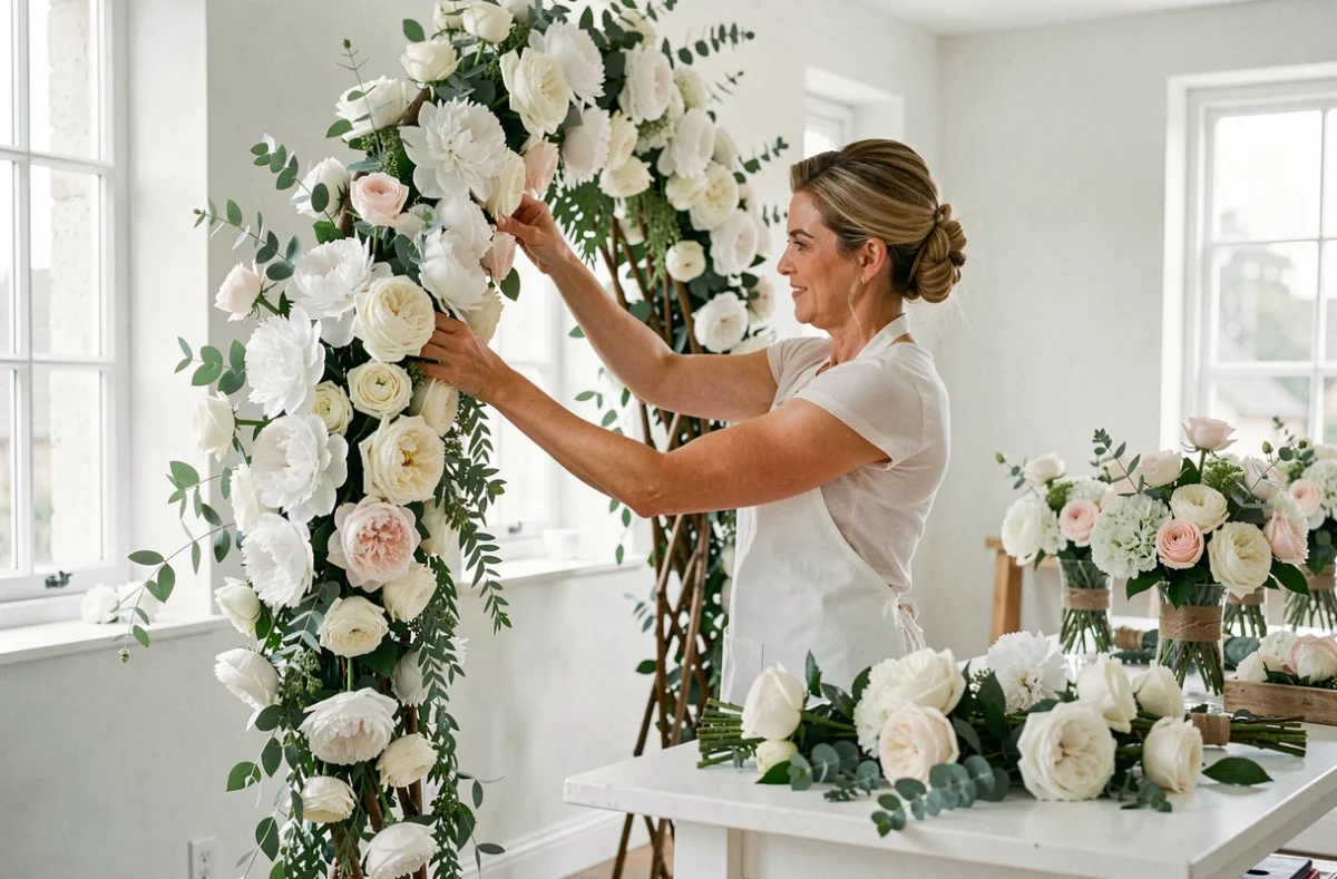 Les Fleurs de Kleg, fleuriste mariage dans la Manche, créant une arche florale pour une cérémonie nuptiale
