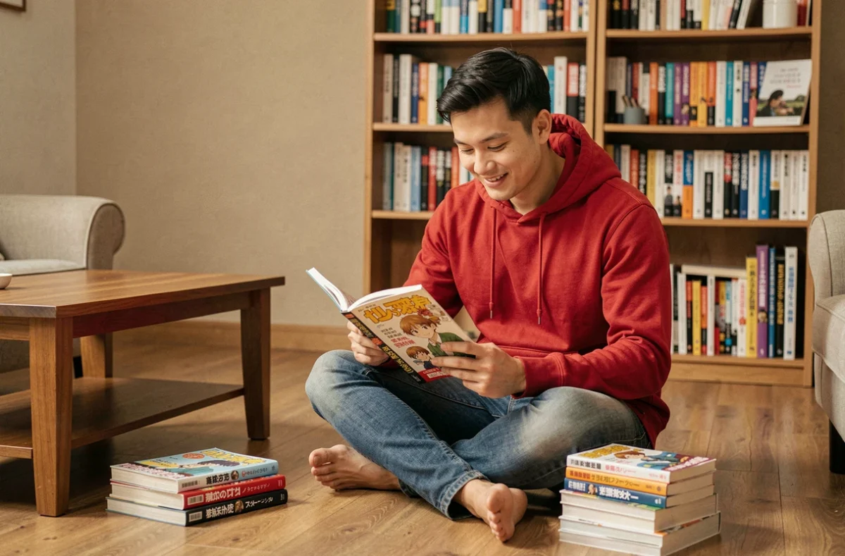 Jeune homme lisant un manga One Piece dans un salon cosy entouré de volumes empilés