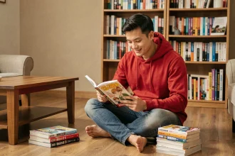 Jeune homme lisant un manga One Piece dans un salon cosy entouré de volumes empilés