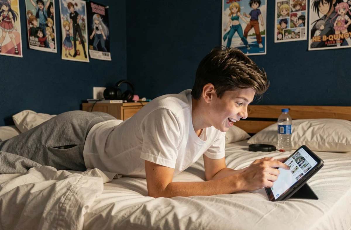 Adolescent lisant les chapitres de One Piece sur une tablette dans sa chambre avec des posters d'animé
