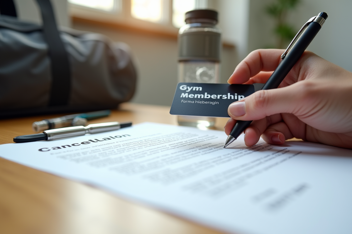 Main posant une carte de gym et stylo sur lettre de résiliation