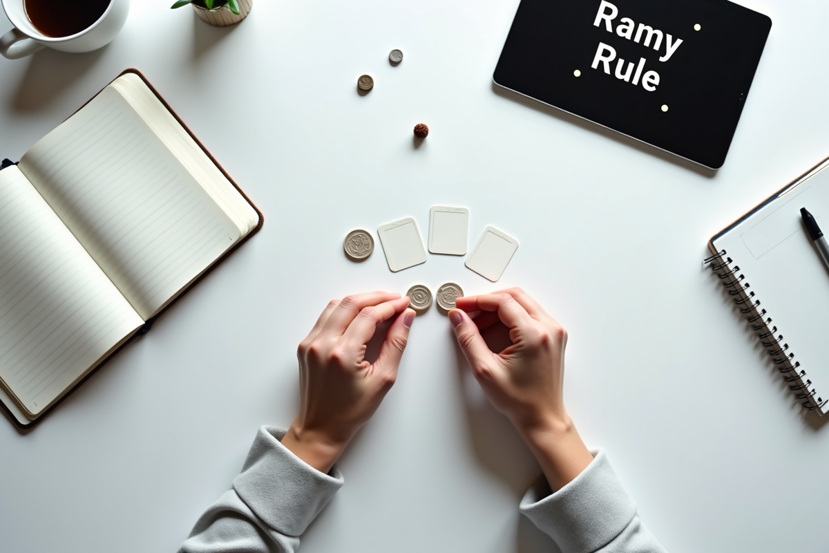 Main organisant des cartes et jetons sur un bureau lumineux