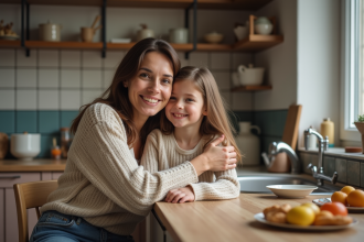 Maman et fille souriantes dans une cuisine chaleureuse