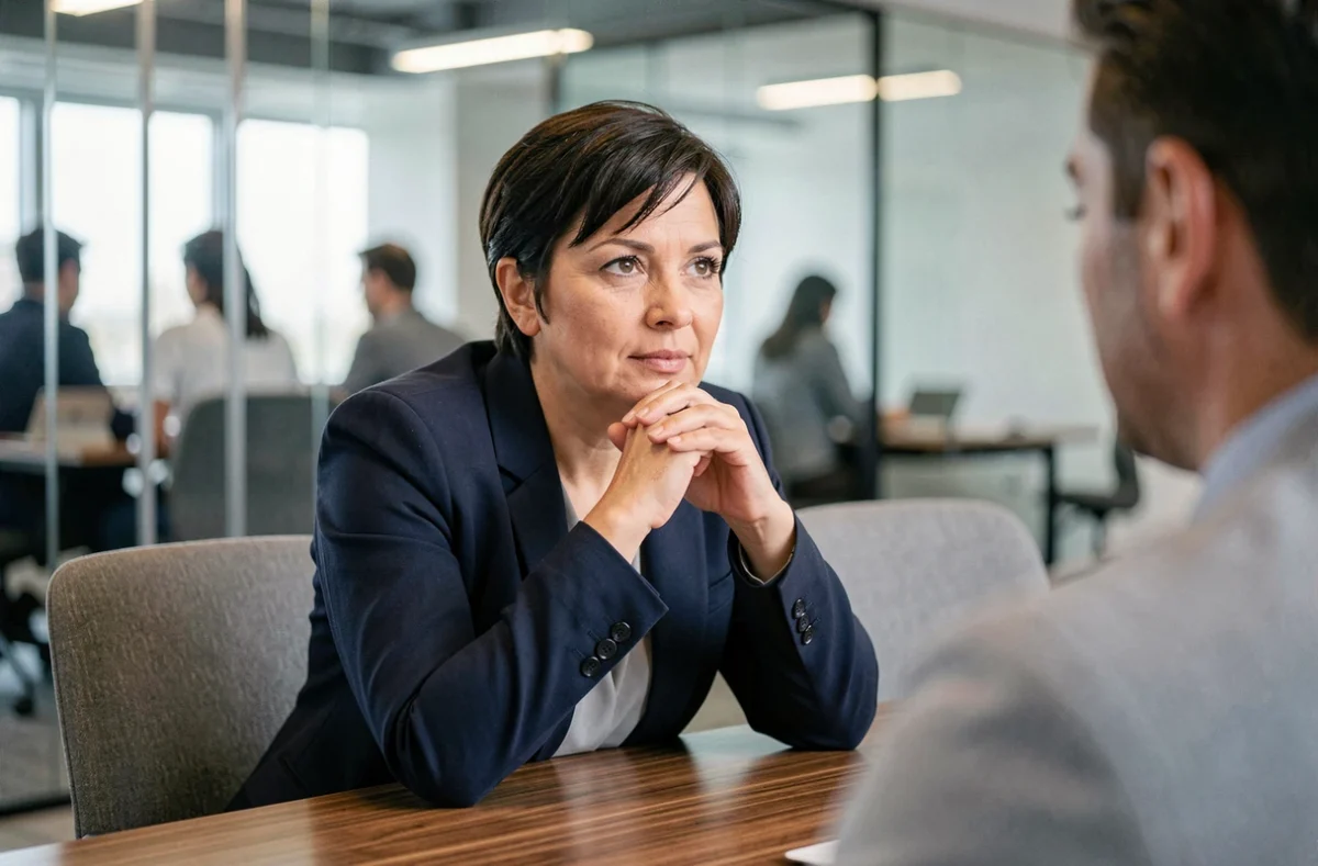 Manager femme à l'écoute active d'un collègue lors d'une réunion en open space vitré, illustrant l'enjeu d'écoute managériale