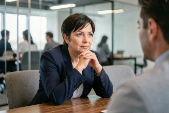 Manager femme à l'écoute active d'un collègue lors d'une réunion en open space vitré, illustrant l'enjeu d'écoute managériale