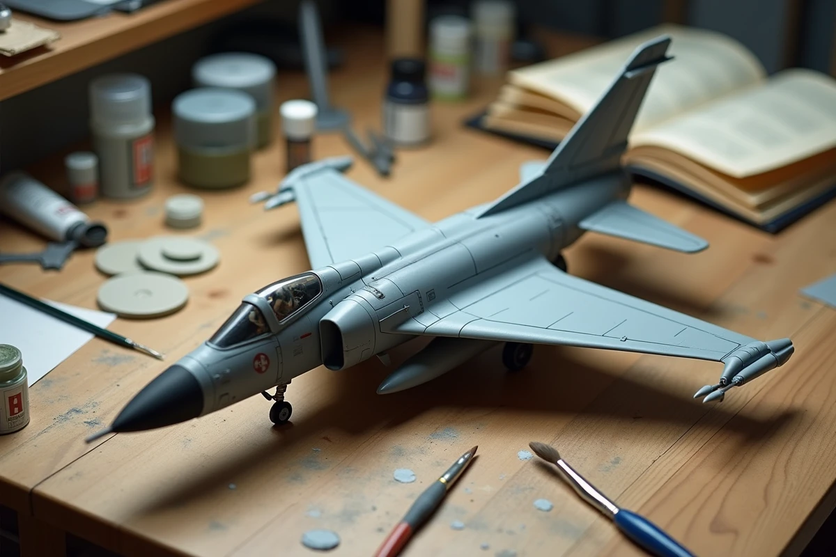 Maquette au 1/48 du chasseur F-4 Phantom II en cours d'assemblage sur un établi avec outils de modélisme et pots de peinture