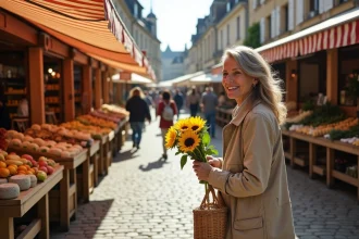 Marché en plein air de Deauville avec étals de fleurs et produits normands, femme au panier en osier admirant des tournesols
