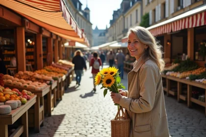 Marché en plein air de Deauville avec étals de fleurs et produits normands, femme au panier en osier admirant des tournesols