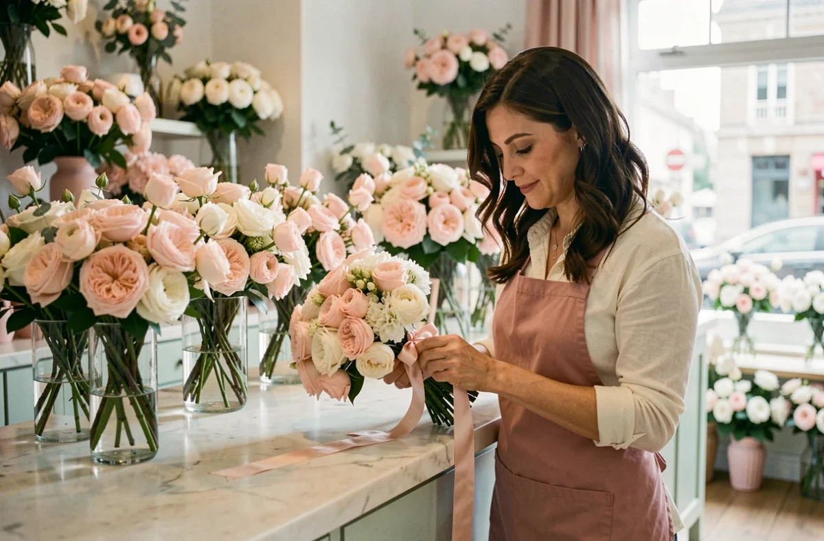 Fleuriste Margot Lys à Cherbourg-en-Cotentin préparant un bouquet élégant aux tons rosés