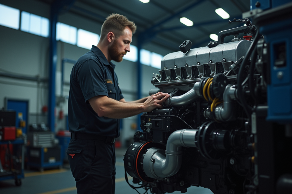 Mécanicien inspectant un moteur diesel Euro 6 dans un garage