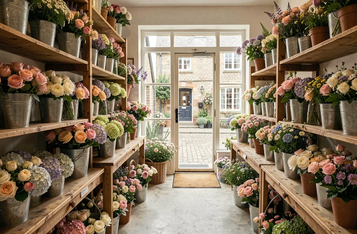 Intérieur d'une boutique fleuriste normande avec des compositions florales colorées et une ambiance chaleureuse