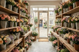 Intérieur d'une boutique fleuriste normande avec des compositions florales colorées et une ambiance chaleureuse