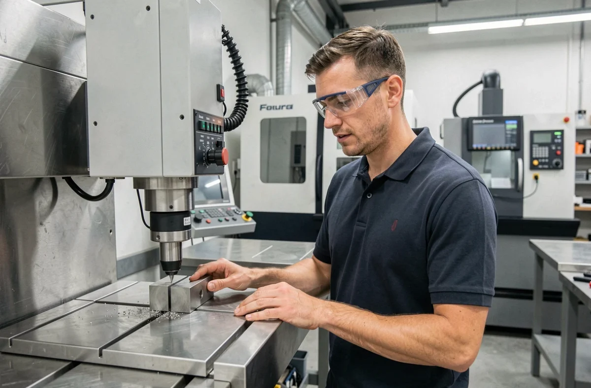 Technicien de Métal 3D opérant une machine de découpe de précision dans un atelier de métallurgie moderne dans l'Allier