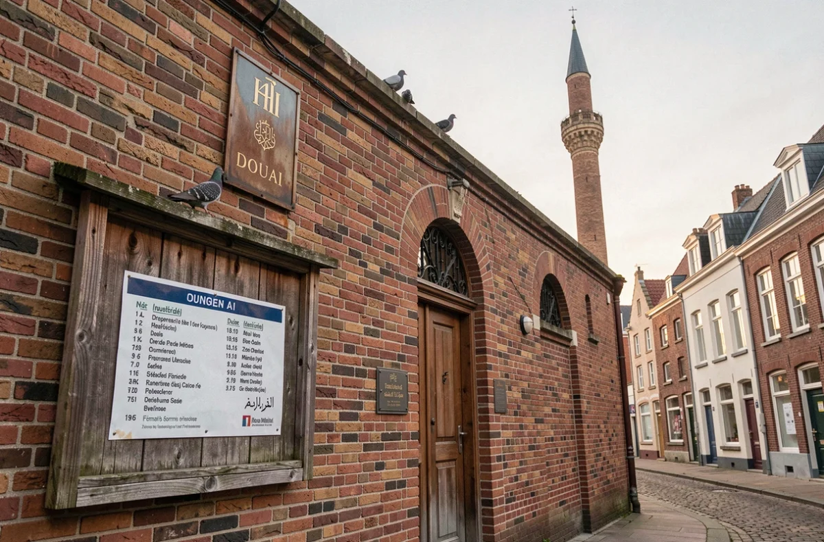 Façade d'une mosquée en briques à Douai avec panneau d'horaires de prière affiché à l'entrée