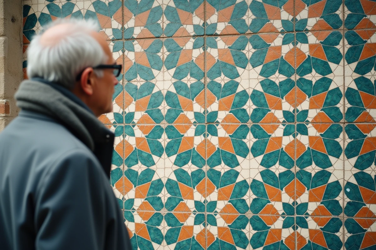 Détail de mosaïque géométrique islamique en zellige sur la façade de la mosquée de Strasbourg, motifs en étoile turquoise et ocre