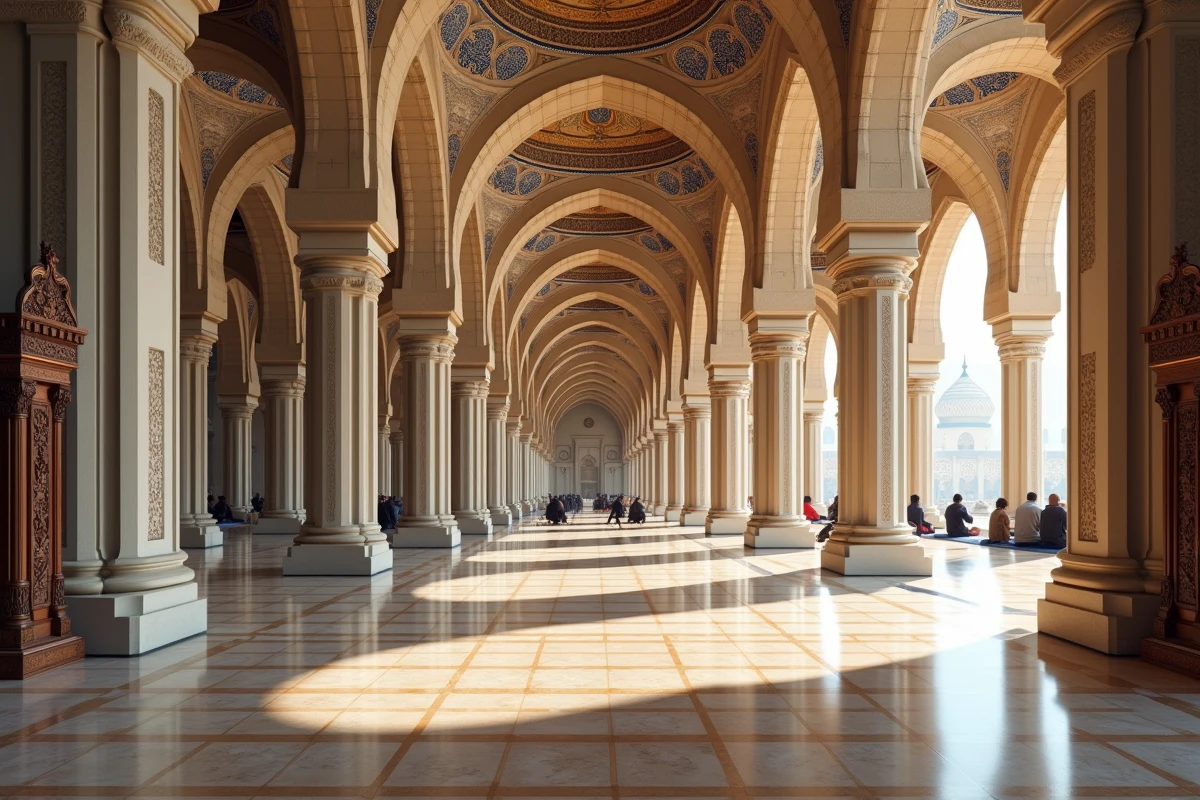 Salle de prière intérieure d'une mosquée à Strasbourg avec arcades en zellige, sol en marbre et minbar sculpté en bois