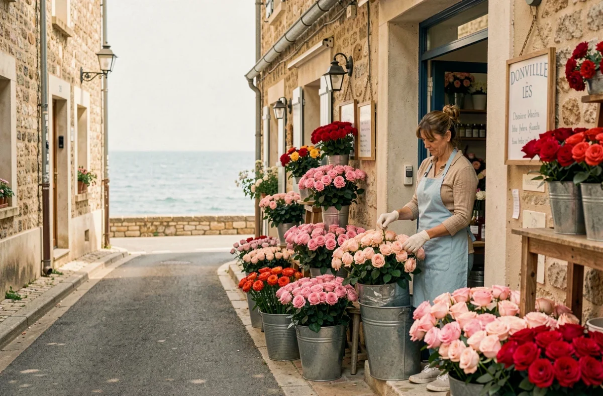 Fleuriste O2 Rose à Donville-les-Bains avec des roses colorées devant la boutique proche de la côte normande