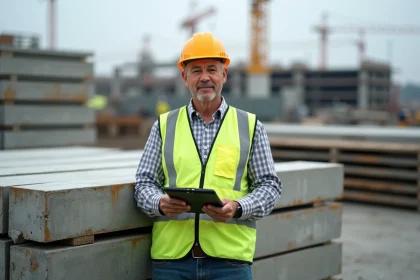 Ouvrier de construction avec tablette numérique sur site