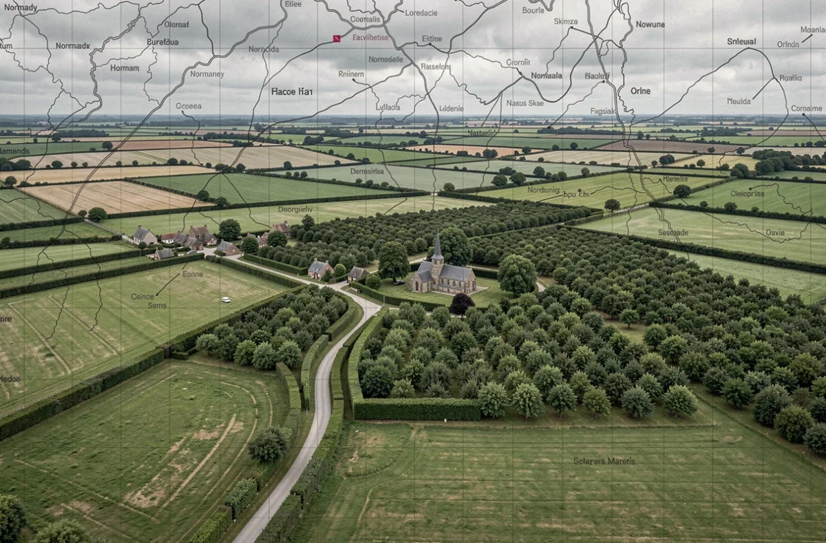 Vue panoramique du bocage normand dans l'Orne avec hameaux et routes reliant les villages du département
