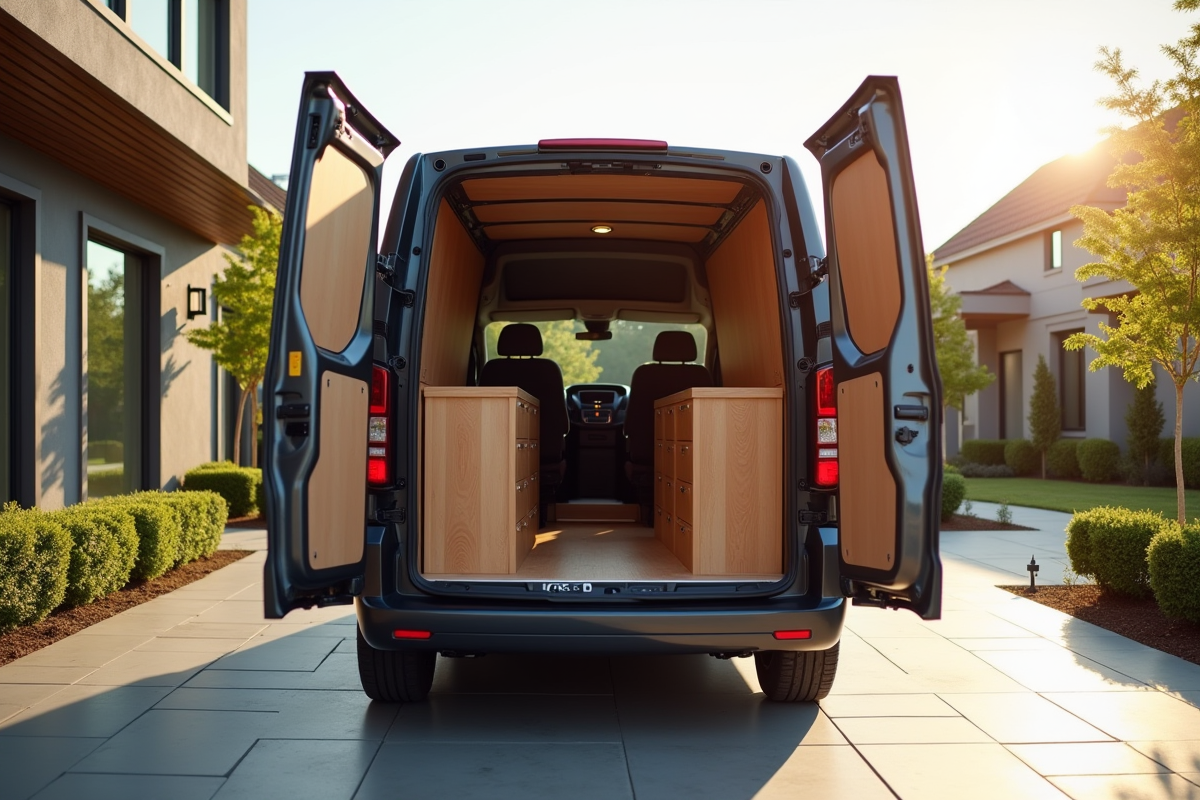 Véhicule Peugeot Expert garé sur une allée moderne avec espace de chargement