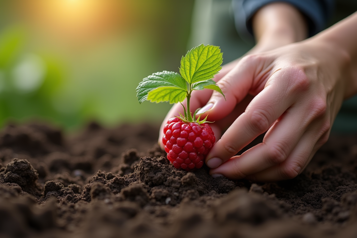 Main plantant une jeune framboise dans un sol humide et riche