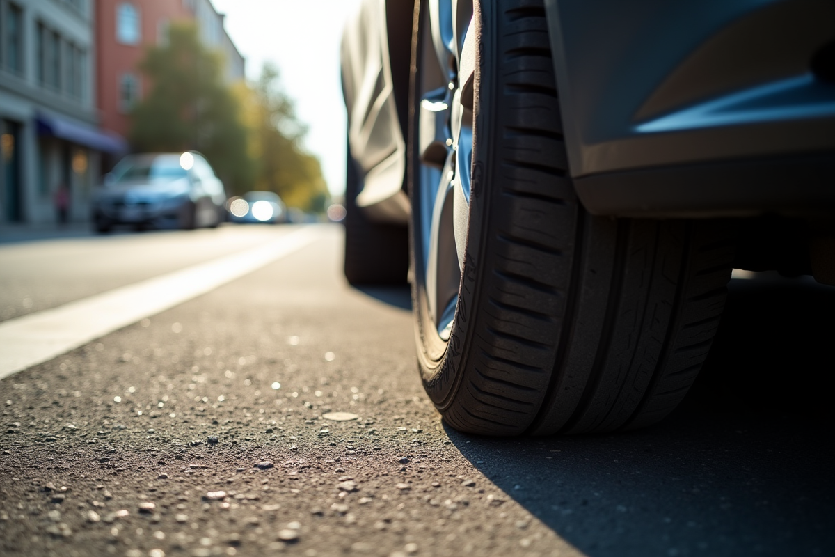 Pneu usé et sous-gonflé sur une rue urbaine