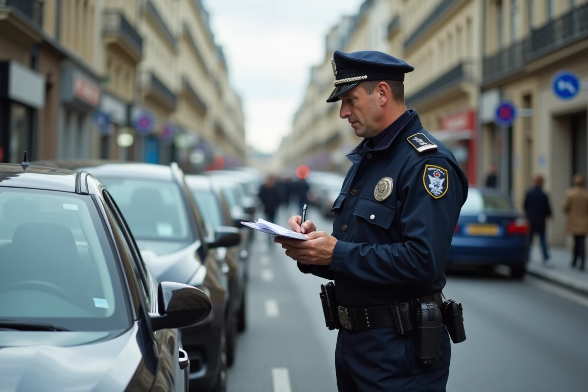 Policier municipal rédigeant un procès-verbal de contravention de 5ème classe sur un véhicule en stationnement interdit à Paris