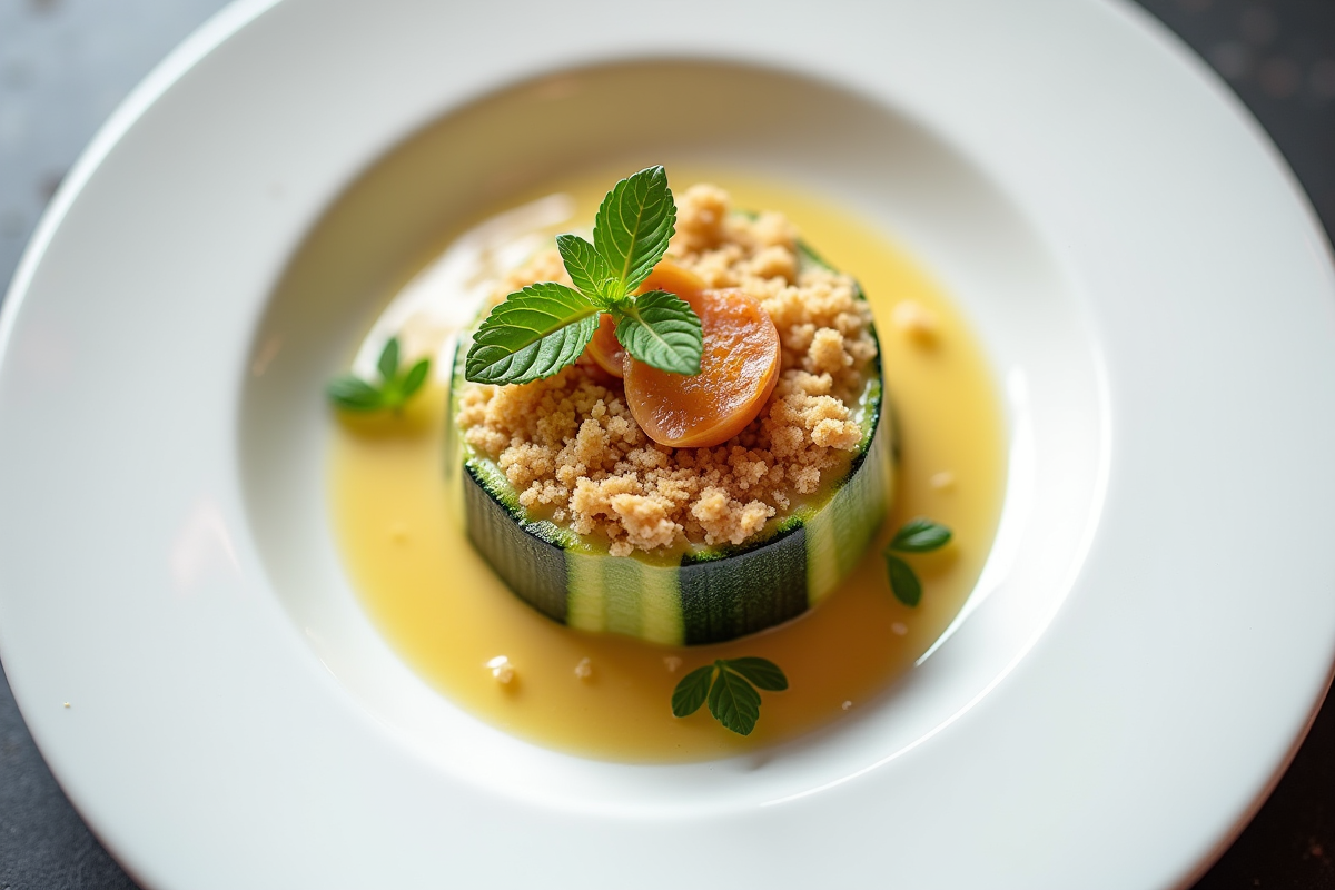 Part individuelle de crumble de zucchini sur une assiette blanche
