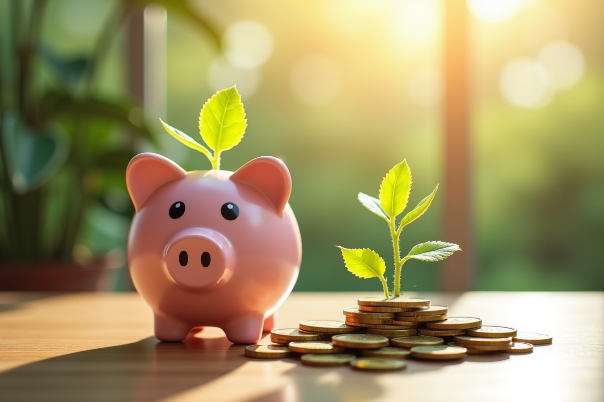 Pot de piggy bank avec plantes et pièces d euro
