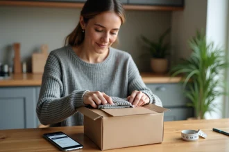 Femme préparant un colis Vinted en mesurant un vêtement plié avant l'envoi dans une boîte en carton