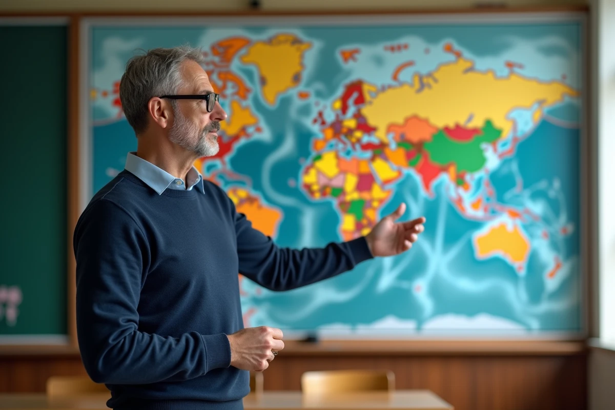 Professeur de géographie pointant la Russie sur une carte murale dans une salle de classe universitaire