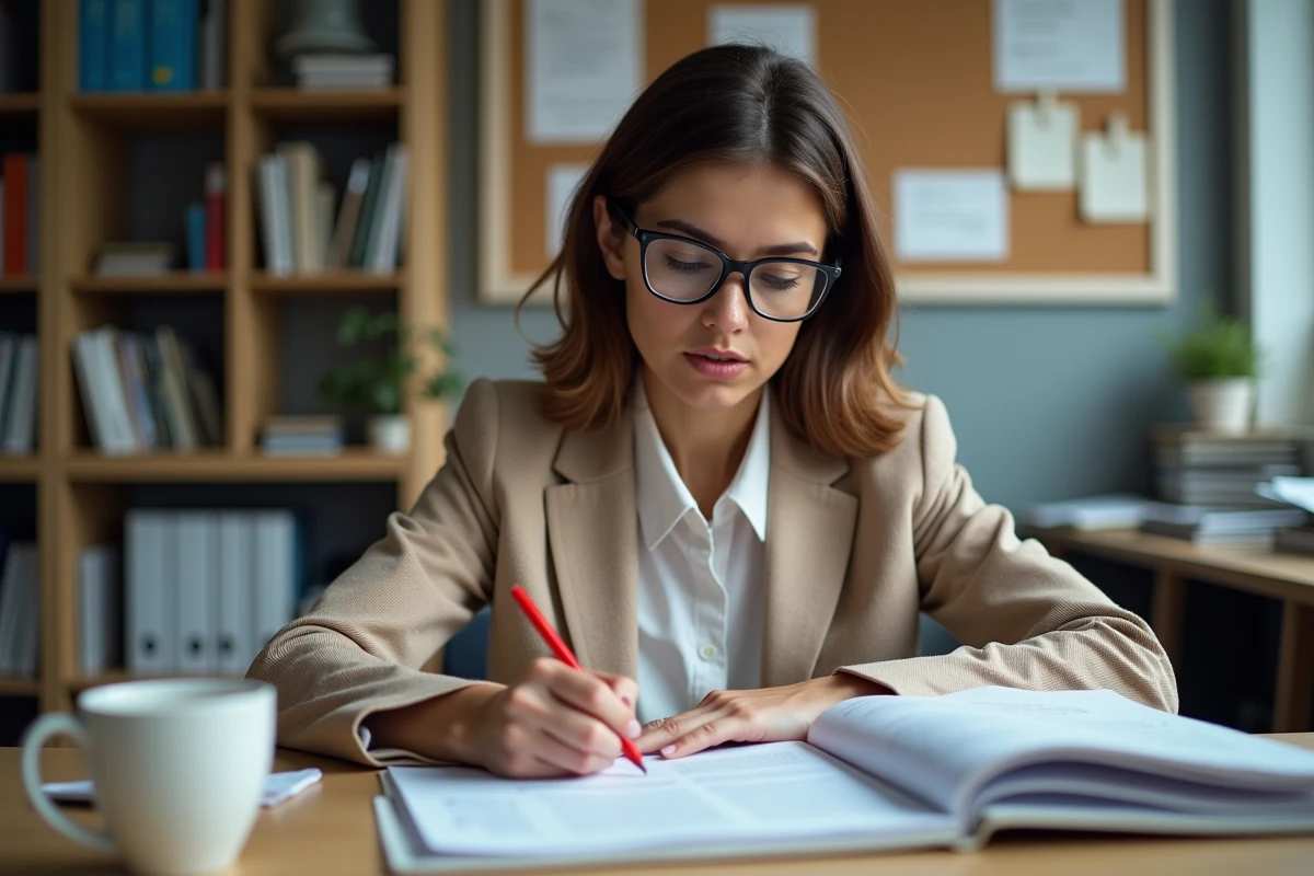 Professeure corrigeant des copies d'élèves avec un stylo rouge dans la salle des professeurs