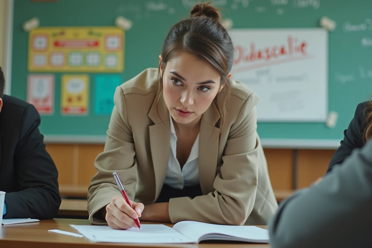 Professeure de français corrigeant les erreurs de didascalie sur la copie d'un élève dans une salle de classe