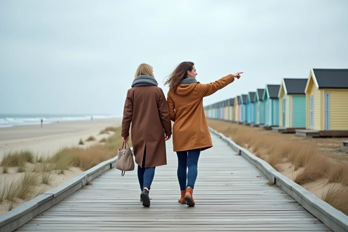 Deux femmes se promenant sur les planches de Deauville avec cabines de bain colorées et vue sur la mer en arrière-plan