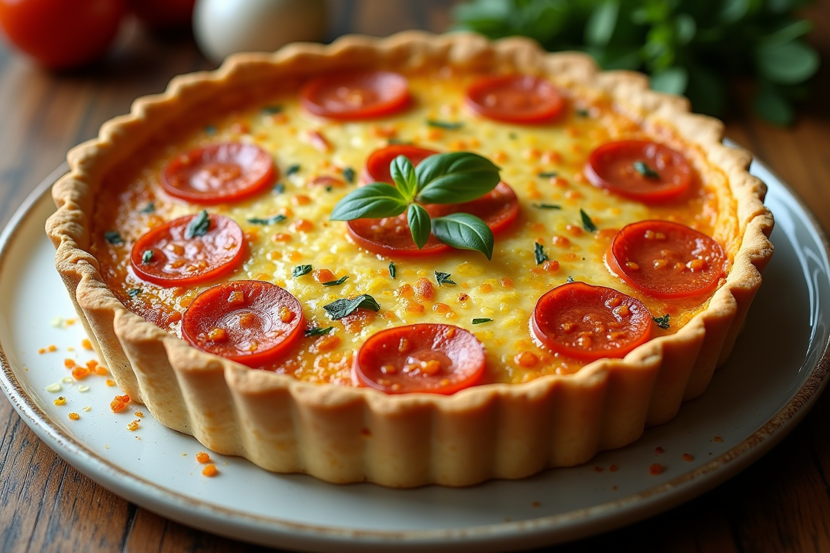 Quiche au chorizo entière sur assiette en cuisine