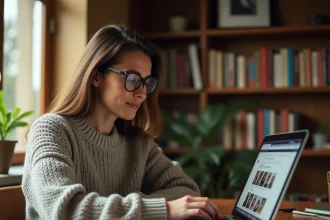 Femme cherchant d'anciens camarades de classe sur le site Copains d'avant via son ordinateur portable