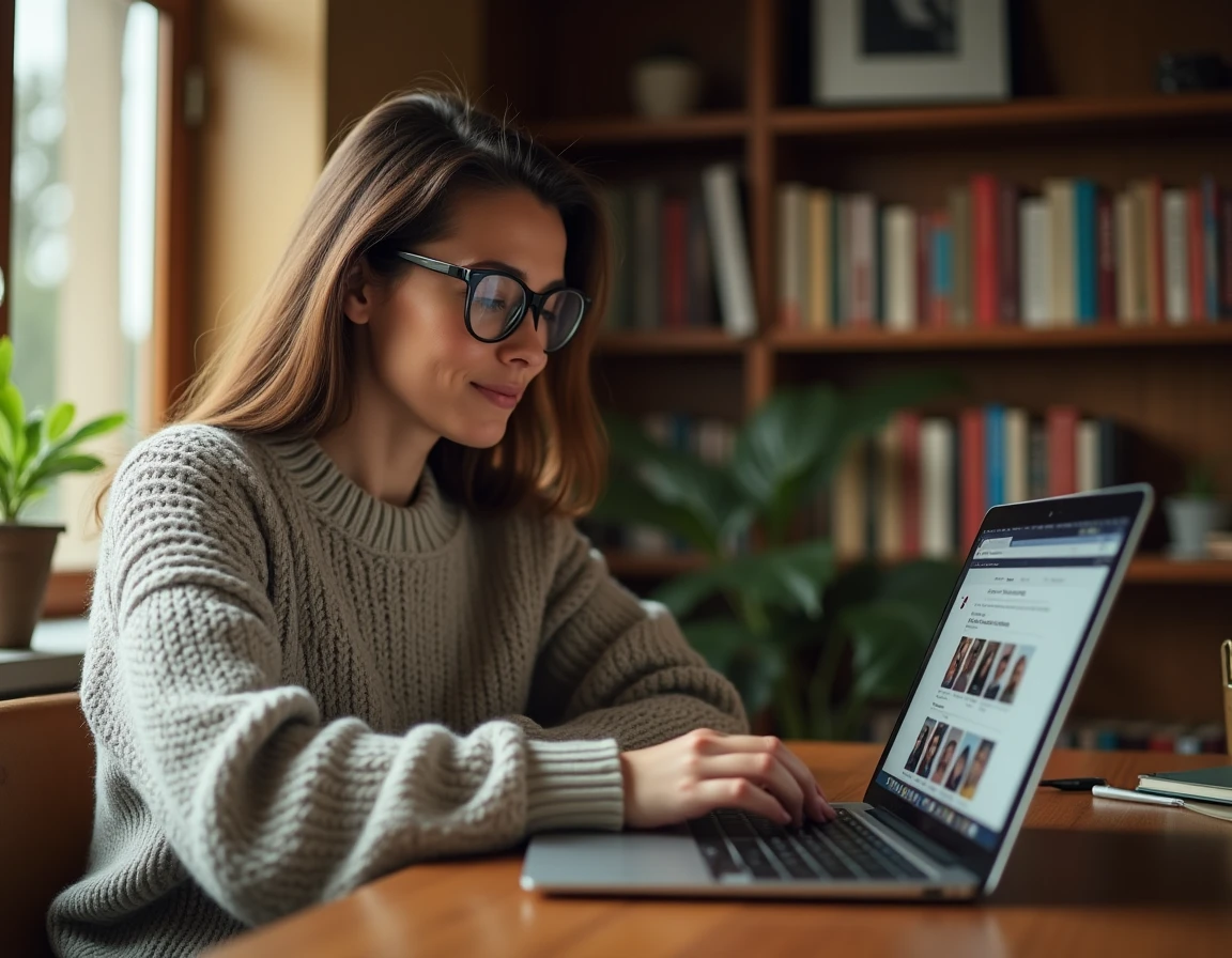 Femme cherchant d'anciens camarades de classe sur le site Copains d'avant via son ordinateur portable