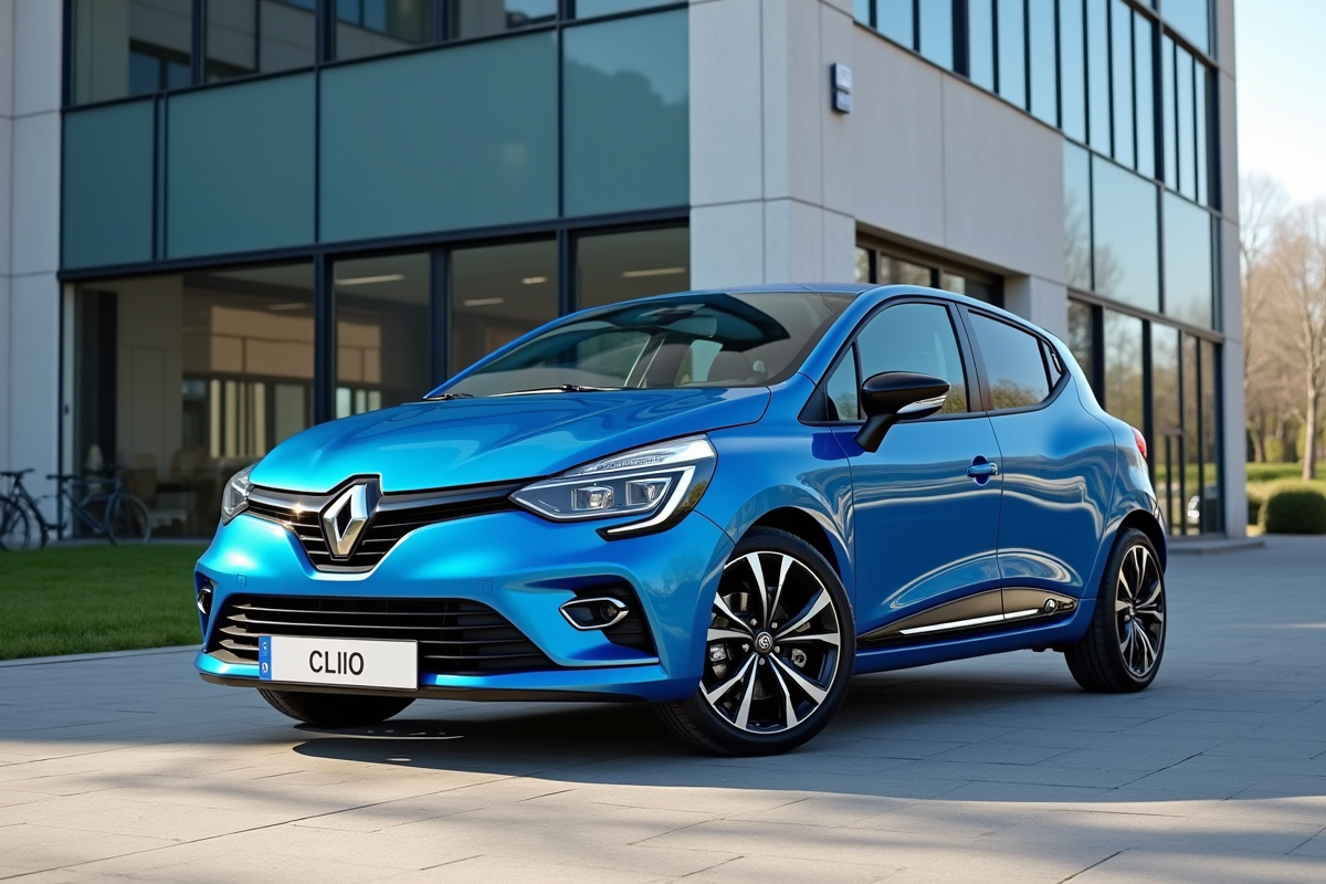 Renault Clio phase 2 bleue garée devant un bâtiment moderne