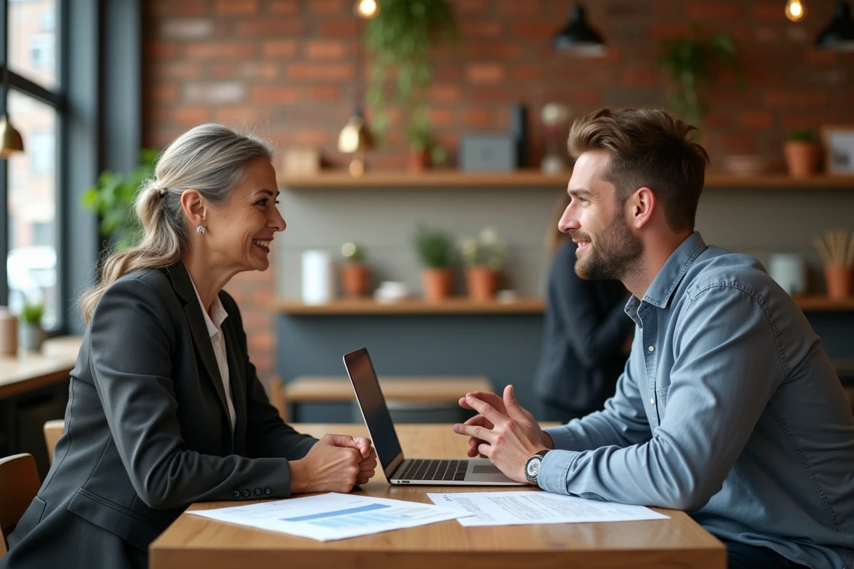 Deux professionnels discutant du choix entre Co-valence.fr et des fournisseurs classiques autour de documents et d'un ordinateur dans un espace de coworking