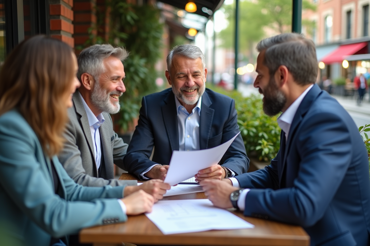 Groupe de clients discutant de finances au café