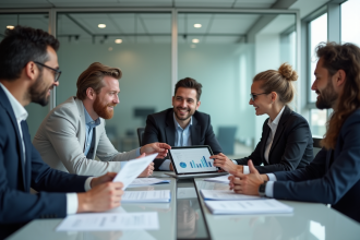 Groupe de professionnels en réunion dans un bureau moderne