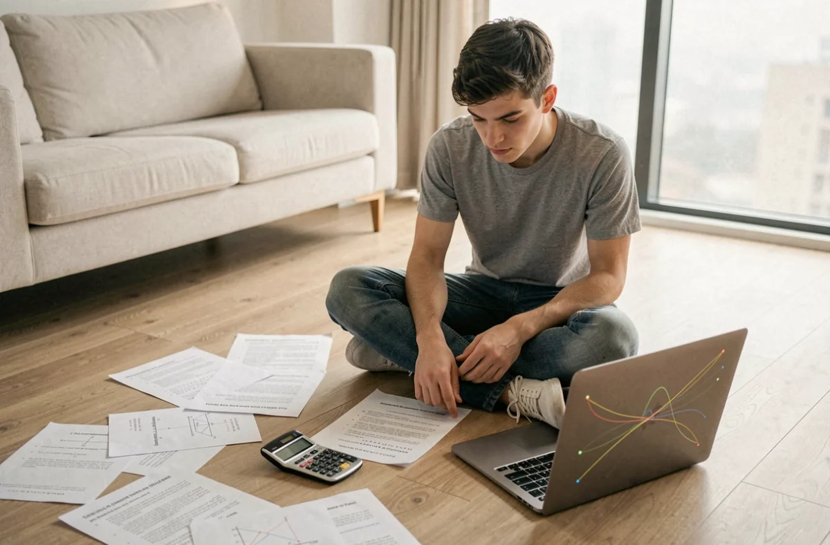Jeune homme révisant des exercices corrigés de champ électrique entouré de feuilles de physique et d'une calculatrice scientifique