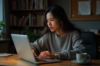 Jeune femme inquiète consultant son ordinateur portable sur les risques liés aux contenus divulgués en ligne