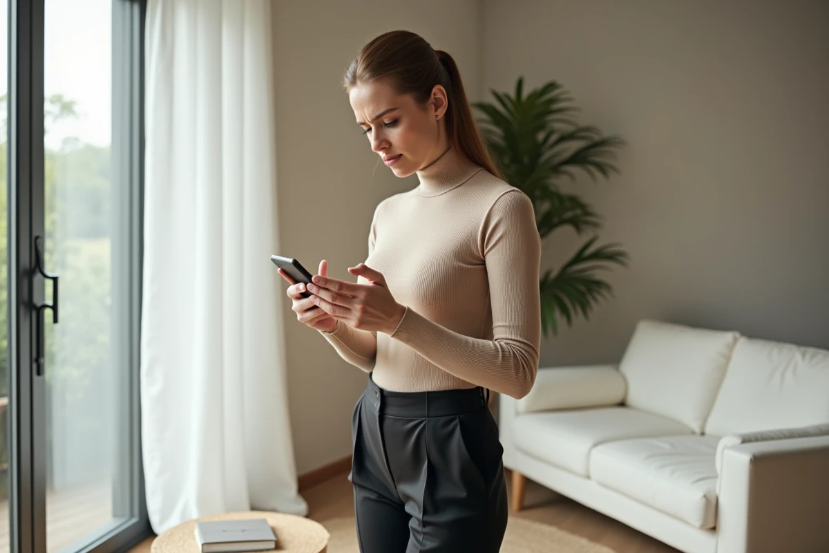 Femme lisant son smartphone avec inquiétude dans un appartement moderne, illustrant les risques personnels liés aux contenus divulgués sur internet