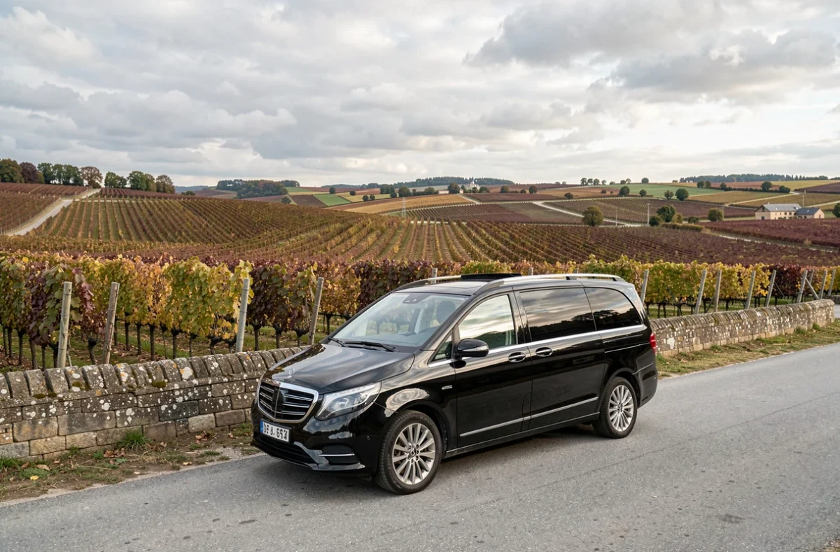 Minivan noir garé sur la Route des Grands Crus près de Beaune avec les vignobles bourguignons en arrière-plan, service Safari Tours