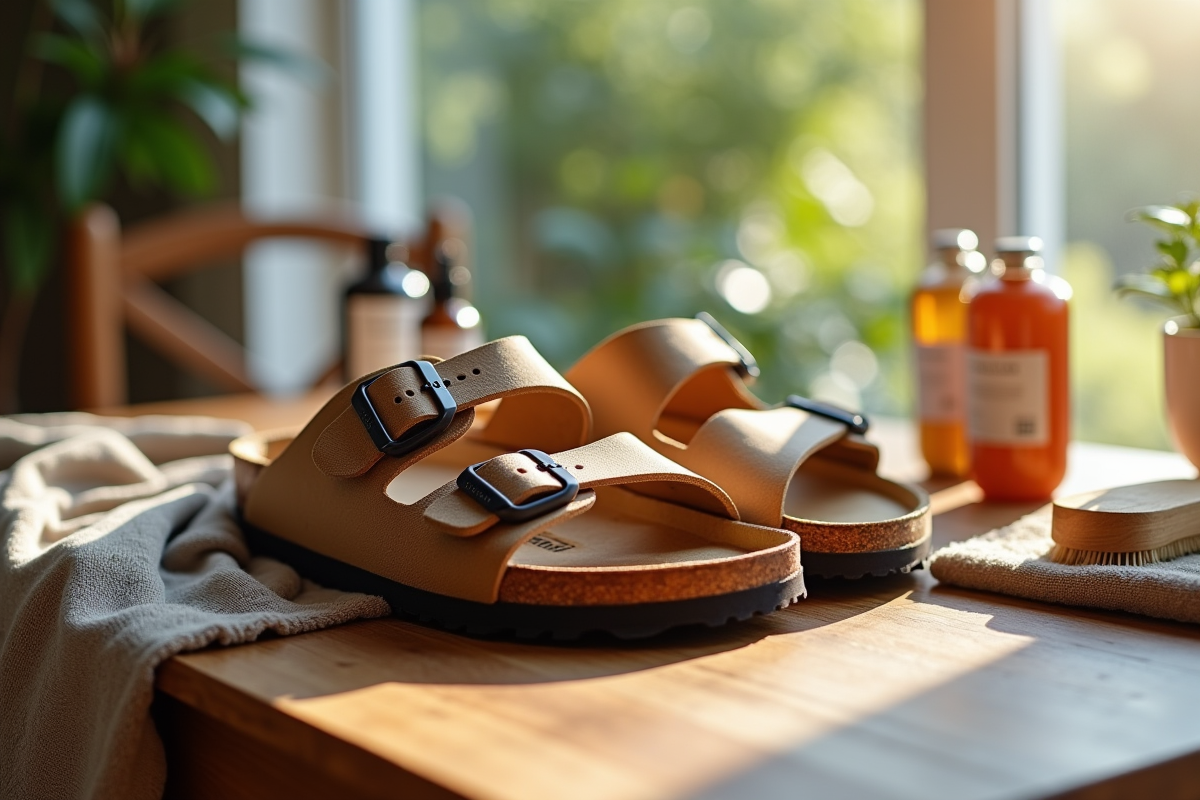 Sandales Birkenstock et Scholl sur une table en bois avec produits de soin